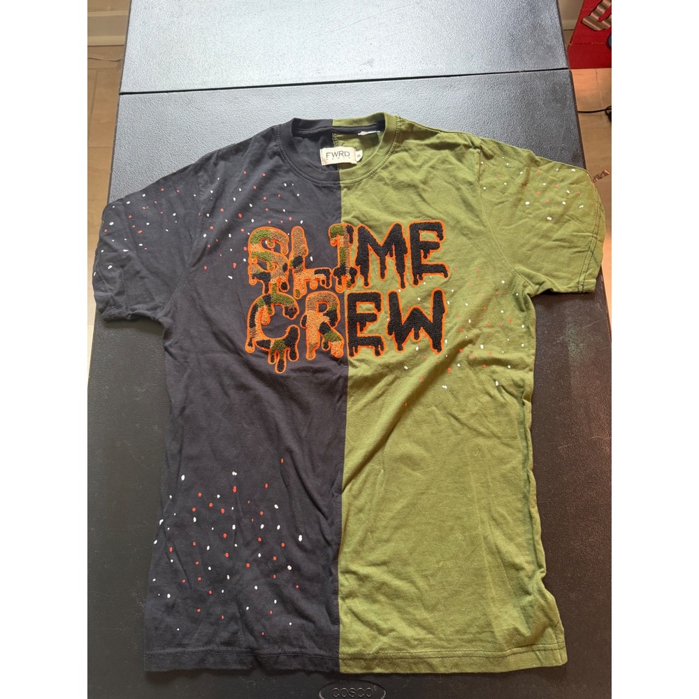 FWRD Denim Slime Crew Split T-Shirt Mens XL Green Black Chenille Patch Splatter